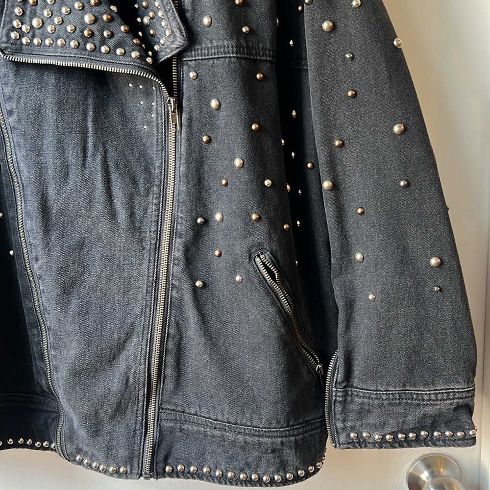 Nasty Gal Studded Black Denim oversize biker Jacket size L - Picture 3 of 9